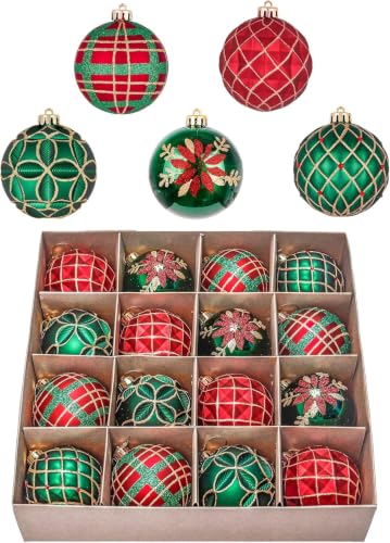 "Valery Madelyn Christmas Bauble Ornament Set 16k Red Green and Gold Shatterproof Hanging Decorations for Trees 2.3"""