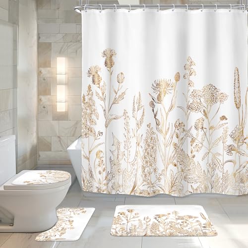 "Vintage White Gold Floral Rustic 4Pcs Bathroom Shower Curtain Set with Rugs - 72""W x 72""H Wildflower Leaves waterproofprint, soft rugs, quick-dry curtain and plastic hooks."