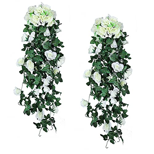 RECUTMS 2PCS Artificial White Rose Garland Hanging Flowers for Outdoors - 37in,Fake Silk Floral Ivy Plants,for Home,Room,Garden,Wedding,Memorial Day,Derby Day,Indoor Party Decor