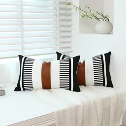 Homefeelzydys Set of 2 Cushion Covers 30x50cm Faux Leather Cushion Cover with Inserts 30x50cm Modern Farmhouse Style Pillowcase for Bedroom Living Room Sofa (Black Cushion Covers)