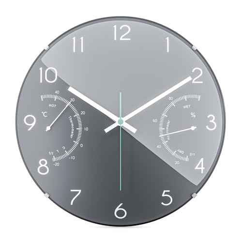 Mebus Quartz Thermometer and Hygrometer Wall Clock, Glass, Grey, Normal, 16105