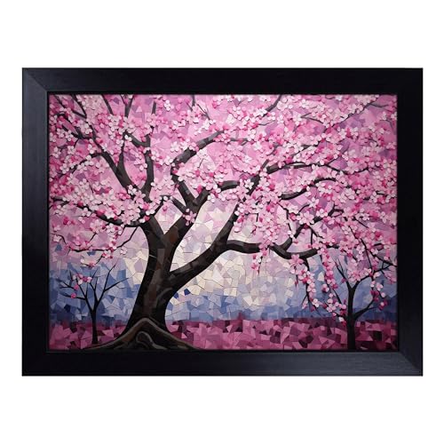 Lap Tray with Bean Bag Cushion, Cherry Blossom Tree Geometric - Handmade in the UK, Raised Wooden Edge, Padded Cushion, Heat-Resistant Wipe-Clean Surface, for Meals, Laptops and Crafts