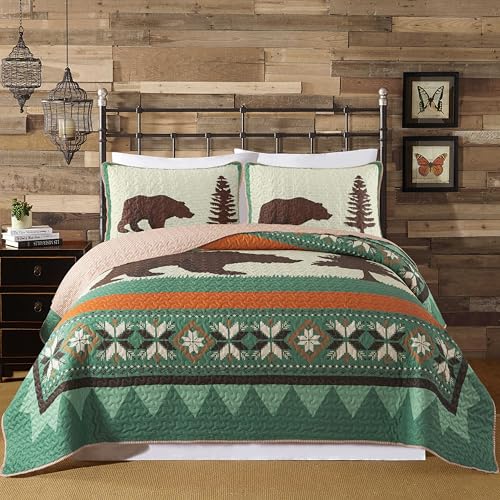Soul & Lane - Rustic Bear Quilt Set, Cabin Bedding, Queen with 2 Shams - Lodge Comforter Set, Country Forest Bedspread, Wilderness Nature Theme Quilted Bedding, Outdoor Motif for Lake House
