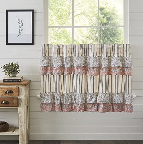 VHC Brands Kaila Country Cottage Ruffled Blue Ticking Stripe Kitchen Curtain Tier Set 36x36