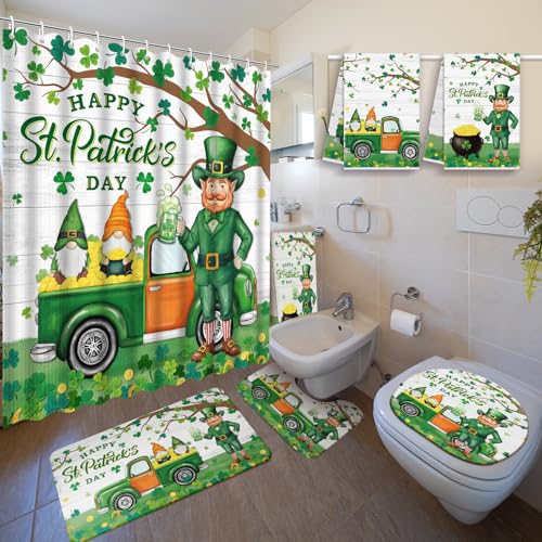 Nuanchu 6 Pcs St. Patrick's Day Shower Curtain Set with Rug Green Clover Bathroom Sets with Shower Curtain Bath Mat U Shaped Mat Toilet Lid Cover 2 Bath Towels and 12 Hooks Tree Bathroom Decor