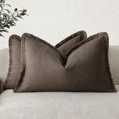 Foindtower Set of 2 Decorative Linen Cushion Covers with Fringes for Lumbar Cushion, Rustic with Tassels, Soft, for Sofa, Bed, Living Room, Home Decor, 30.5 x 50.8 cm, Reddish Brown