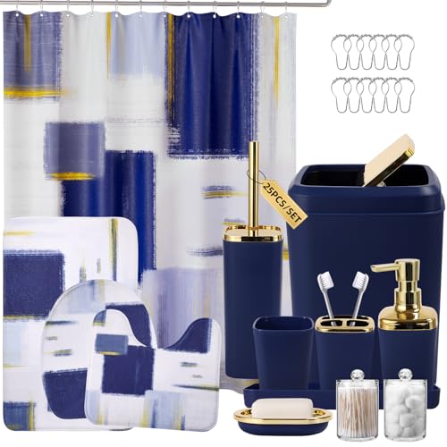 XLHOMO Bathroom Set - Navy Blue and Gold Bathroom Accessories Set, Bathroom Sets with Shower Curtain and Rugs, Blue Shower Curtain Set with Bathroom Trash Can, Soap Dispenser,Soap Dish for Home Decor