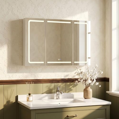 JUMMICO Bathroom Mirror Cabinet with LED, 120 x 75 cm, Folding Design, Dimmable Light, Anti-Fog, Soft Closing, Integrated Socket & USB, 5 Levels, Moisture Resistant