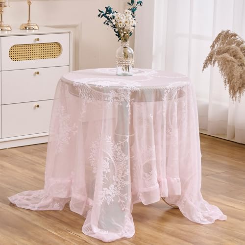 Raedan Pink Floral Embroidered Lace Square Tablecloth 55???x55??? Vintage Table Cover (Pink, 55???x55???, Square)