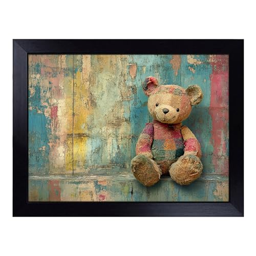 Lap Tray with Bean Bag Cushion, Teddy Bear Illustrated - Handmade in the UK, Raised Wooden Edge, Padded Cushion, Heat-Resistant Wipe-Clean Surface, for Meals, Laptops and Crafts