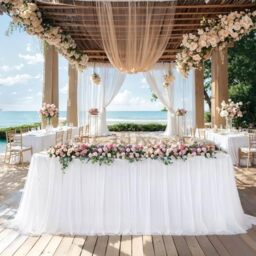 White Table Cloths 8 Foot Rectangle Stretch Ruffle Tulle Tablecloth Spandex Fitted Table Cover for 8 Foot Tables White Tulle Table Skirts Rectangle Tables 8ft Elastic Party Wedding Table Cloths