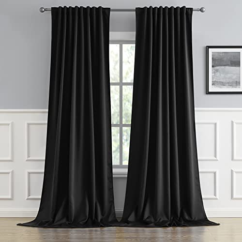 "DUALIFE 2 Pcs Extra Long Blackout Curtains/Drapes 132 Inch Length, Thermal Insulated Black Draperies for Loft, 52"" W x 132''L"