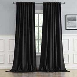 "DUALIFE 2 Pcs Extra Long Blackout Curtains/Drapes 132 Inch Length, Thermal Insulated Black Draperies for Loft, 52"" W x 132''L"