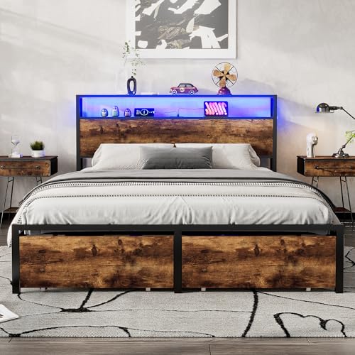 Ball & Cast 4FT6 Double Bed Frame with LED Light Strip and 2 Drawers, 3 USB Port, Multifunctional Metal Bed for Adults and Teenagers, Wrought Iron Bed, Rustic Wood Finish, Black & Walnut, 135x190cm ﻿