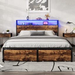 Ball & Cast 4FT6 Double Bed Frame with LED Light Strip and 2 Drawers, 3 USB Port, Multifunctional Metal Bed for Adults and Teenagers, Wrought Iron Bed, Rustic Wood Finish, Black & Walnut, 135x190cm ﻿