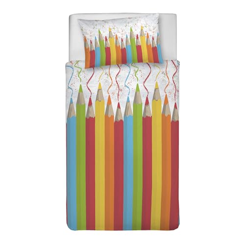 PENSIERI DELICATI Single Duvet Cover Set, 100% Cotton, Complete with 155 x 200 cm Bag and 1 Pillowcase 52 x 82 cm, Made in Italy, Duvet Cover Machine Washable At 40 Degrees, Multicolour Pencil Pattern