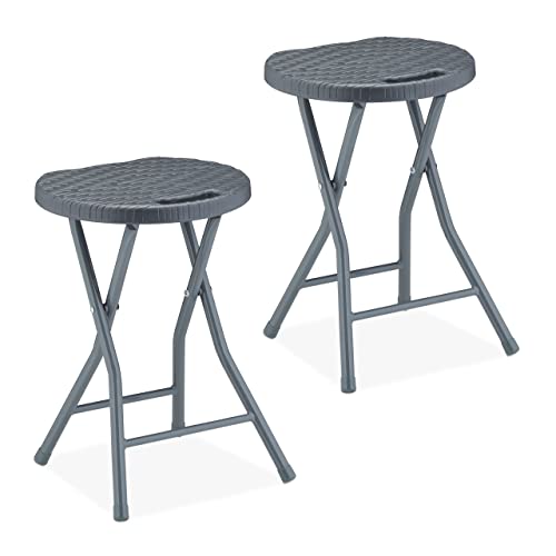 Relaxdays Folding Stool, Set of 2, Rattan Design, Garden & Balcony, Foldable Outdoor Chair, HxWxD: 46 x 32 x 29 cm, Grey
