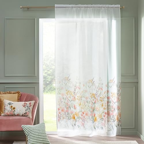 Catherine Lansfield Countryside Floral 140 x 137 cm Slot Top Voile Curtain Panel White