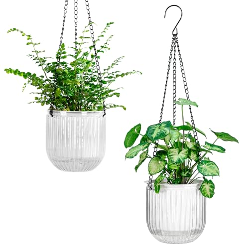 Melphoe 2 Pack Self Watering Hanging Planters Indoor Flower Pots, 5.3 Inch Outdoor Hanging Basket, Plant Hanger with 3Hooks Drainage Holes for Garden Home (White)
