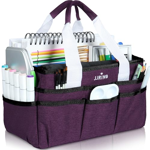 JJRING Craft Organizer Tote Bag, Art Storage Caddy with Multiple Pockets, Deep Purple Sewing Bag for Art, Craft, Scrapbooking, Medical, and Office Supplies Storage
