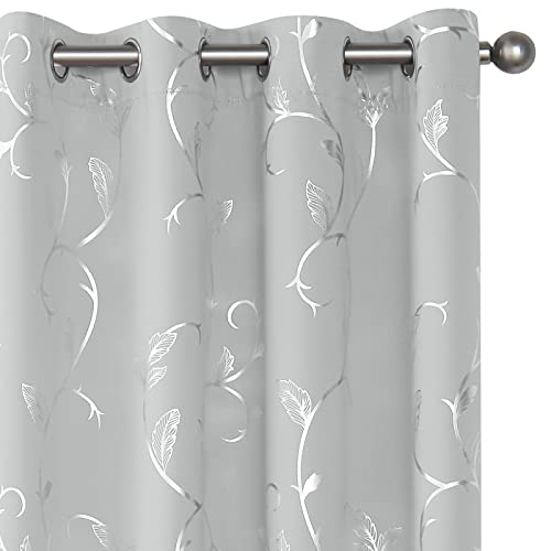 BUHUA Silver Grey Blackout Curtain 2 Panel Set Vine Foil Print Thermal Insulated Drapes Room Darkening Curtains Grommet Window Treatment, 38 x 63 Inch, Silver Grey