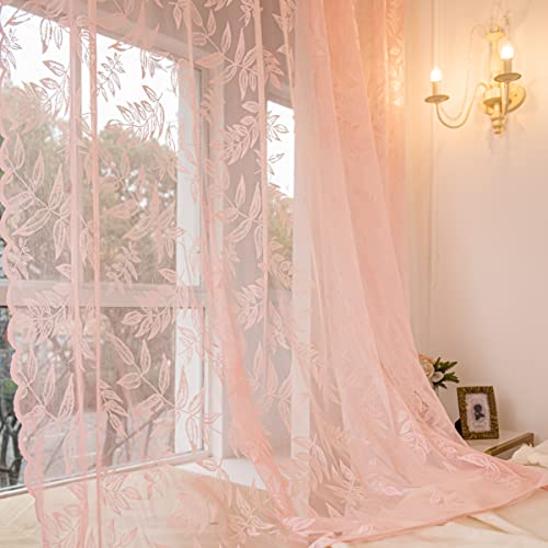 "Sutuo Home Pink Lace Curtains 84 Inches Long, Leaf Embroidery Window Sheer Drapes Pair Knitted, Rod Pocket Vintage Country Window Treatments Set of 2 Panels for Bedroom Living Room, 57"" W x 84"" L"