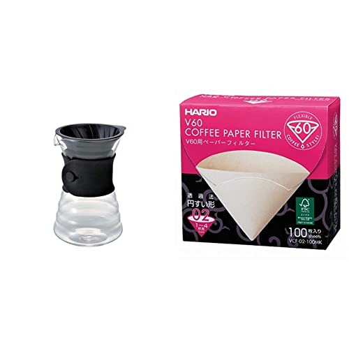 HARIO VDD-02B Drip Decanter Pourover Coffee Brewer Server for 2-3 Cups, 700 ml & VCF-02-100MK 1-Piece Box of Paper Filter for 02 Dripper Misarashi