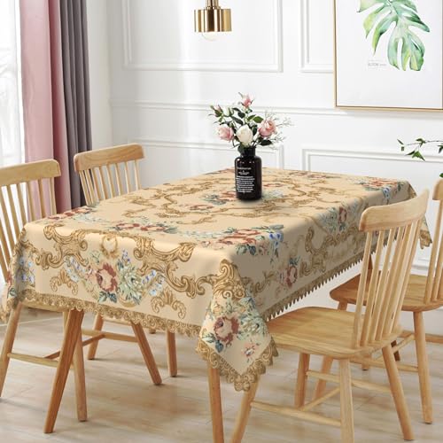TTQYFNM 60x120inches Luxury Rectangle Tablecloth Elegant Golden Damask Pink Blue Floral Printed Fabric Table Cloth Washable and Wrinkle Free Table Cover for Kitchen Dining Room Banquet Party Decor