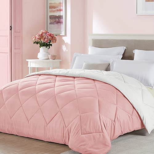 Seward Park Full Queen Size Pink Beige White Comforter, All Season Soft Reversible Bedding, Cooling Lightweight Summer Blanket, Girls Bedspread