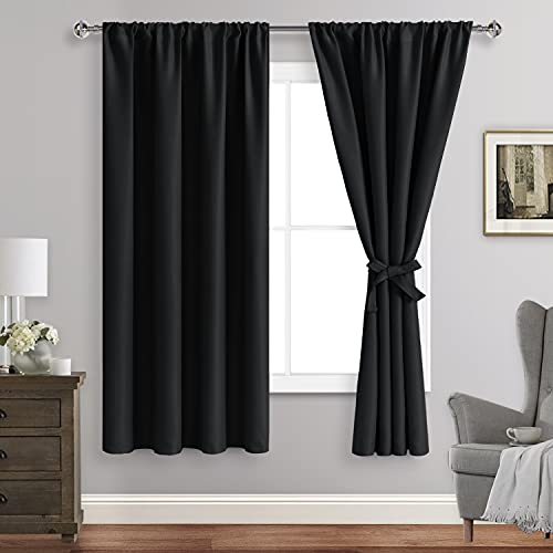 JIUZHEN Blackout Curtains for Bedroom - Thermal Insulated Room Darkening Rod Pocket Curtains for Living Room, Set of 2 Panels with Tiebacks, 38 x 63 Inch Length, Black