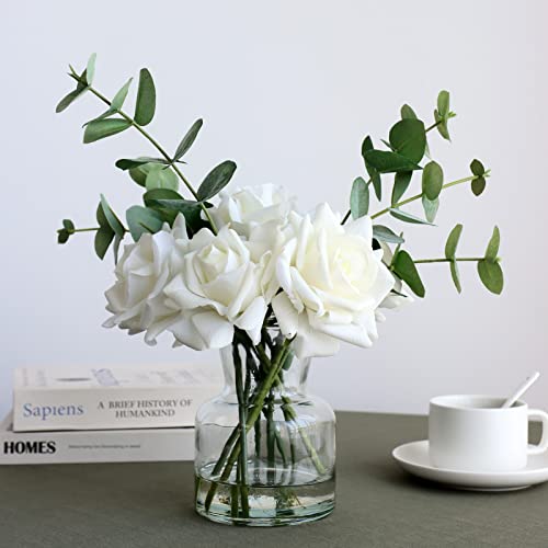 "grtefhu 14"" Artificial Flowers with White Roses in Vase, Fake Flowers in Artificial Water Vase, Silk Flower Arrangements in Vase with Artificial Flowers for Home Dining Table Decor."