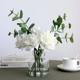 "grtefhu 14"" Artificial Flowers with White Roses in Vase, Fake Flowers in Artificial Water Vase, Silk Flower Arrangements in Vase with Artificial Flowers for Home Dining Table Decor."