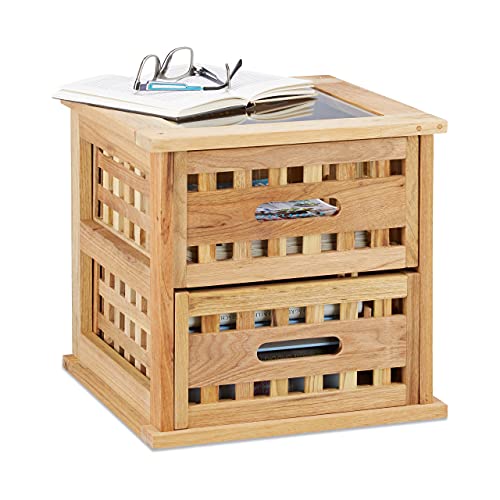 Relaxdays Walnut Side Table, Square Nightstand Natural Wood with 2 Drawers, HWD: 34 x 34 x 34 cm, Natural