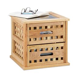 Relaxdays Walnut Side Table, Square Nightstand Natural Wood with 2 Drawers, HWD: 34 x 34 x 34 cm, Natural