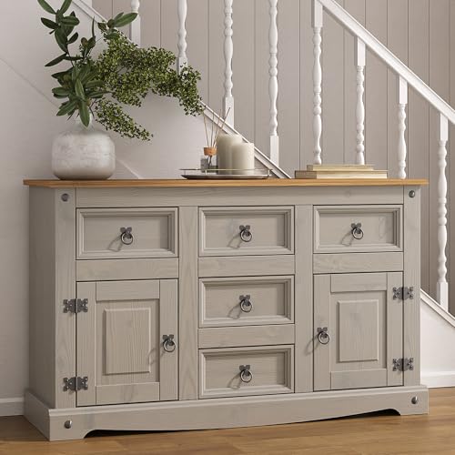 Corona Grey Sideboard 2 Door 5 Drawer, Solid Mexican Pine, W 125 cm x D 40 cm x H 76 cm