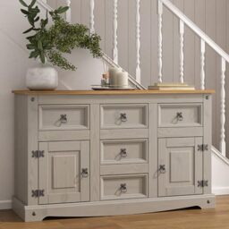 Corona Grey Sideboard 2 Door 5 Drawer, Solid Mexican Pine, W 125 cm x D 40 cm x H 76 cm