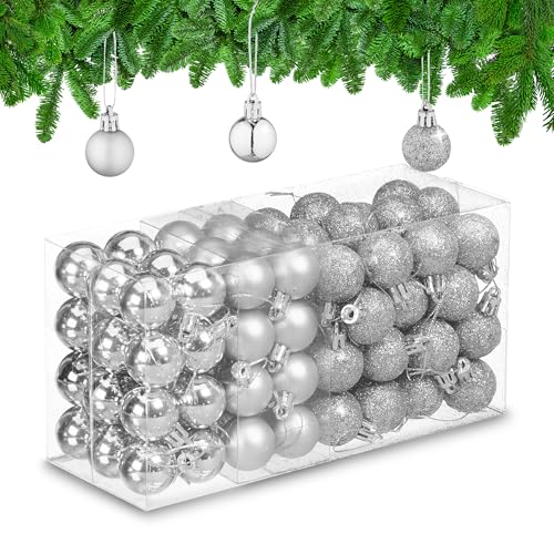 Relaxdays Christmas Baubles Set of 96, Glittering, Matt and Sparkles, Plastic, Traditional Spheres, Decorations, Silver