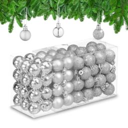 Relaxdays Christmas Baubles Set of 96, Glittering, Matt and Sparkles, Plastic, Traditional Spheres, Decorations, Silver