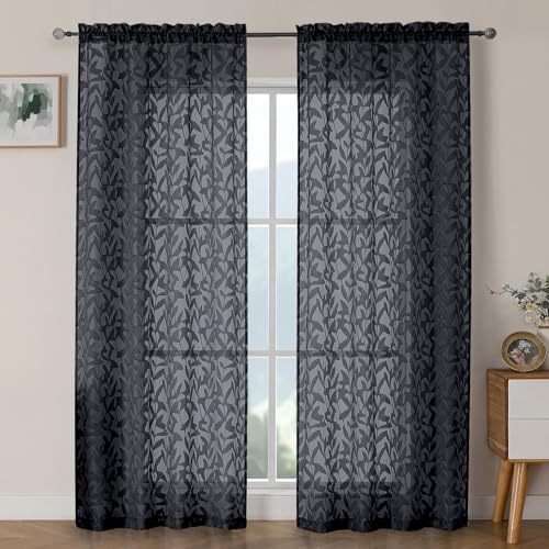 OWENIE Leyna Sheer Black Curtains 84 Inches Long for Living Room Bedroom 2 Panels Set, Modern Clip Jacquard Leaves Textured Light Filtering Curtains, Double Rod Pockets Window Drapes, 40Wx84L Inch