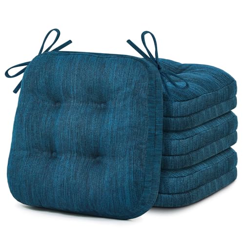 Shinnwa Chair Cushions for Dining Chairs 4 Pack, Tufted Memory Foam Kitchen Seat Cushions, Non-Slip Chair Pads with Ties, 16.5” x 16.5” x 4”, Navy Blue, Set of 4