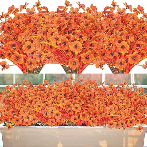 Artificial Fall Flowers Outdoor - Autumn Realistic Faux Plant, Weather-Resistant UV Protection, Perfect for Porch, Patio, Garden, Window Box, and Planters Decor(Fall Orange)