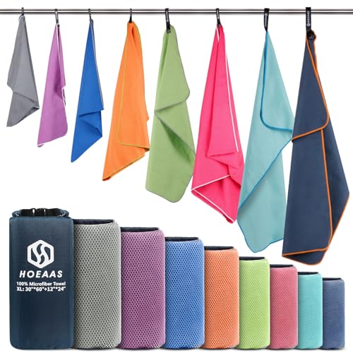 HOEAAS 2 Pack Microfiber Travel Towel, Quick Dry Towel Gym Towels Beach Towel Super Absorbent Compact Lightweight Camping Towel Workout Sports Sweat Towel for Beach, Swim, Yoga, Pool, Backpacking