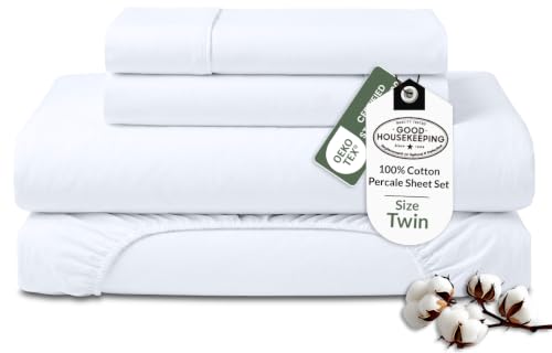 ROYALE LINENS 100% Organic Cotton Twin Sheet Set - Percale Weave - 3 Pieces Set - 1 Flat, 1 Deep Pocket Fitted Sheet and 1 Pillowcases - White Bed Sheets - S??banas Twin - Crisp Cool (White)