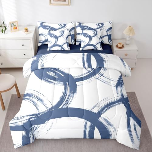 Erosebridal Blue and White 7 Piece Comforter Set Queen Abstract Line Ink Painting Bedding Set for Kids Boys Girls Simple Minimalist Graffiti Art Modern Geometric Sheet Set Boho Cool Unique Mens Quilt