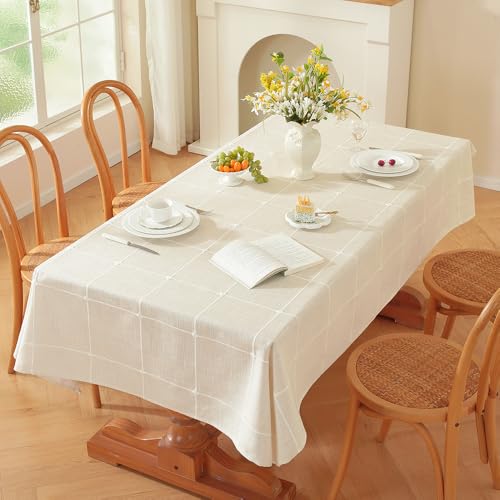 Zobesta Linen White Table Cloth Rectangle 53 x 120 Inch, Cotton White Linen Tablecloth for Rectangle Tables, Heavy Weight Washable Farmhouse Gingham Tablecloth for Kitchen & Table Linens