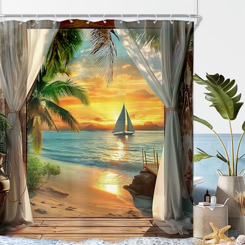 Riyidecor Beach Shower Curtain 72Wx84H Inch Extra Long Beachy Seaside Ocean Sea Hawaiian Sunset Coastal Tropical Palm Tree Scenery Barn Door Bathroom Decor Fabric Polyester Waterproof 12 Pack Hooks