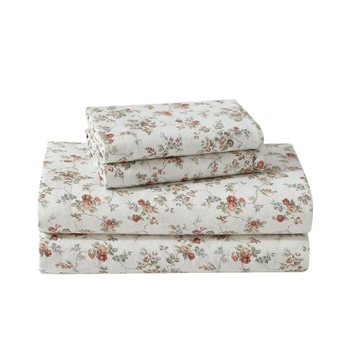 Laura Ashley - King Sheet Set, Cotton Flannel Bedding, Brushed for Extra Softness & Comfort (Le Fleur Orange, King)