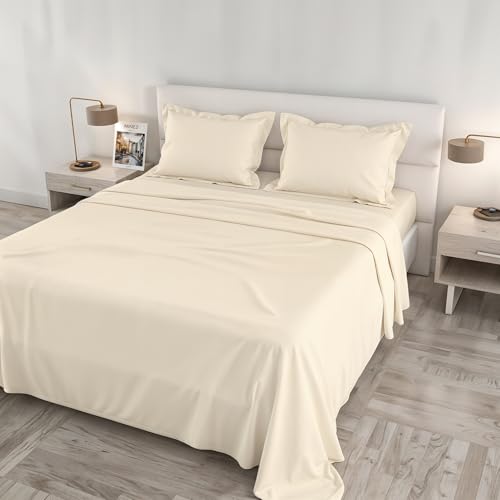 Satin Cloe Maxi Bed Set, 100% Cotton, Made in Italy – Sheet Set, 2 Pillowcases with Frill, Top Sheet 260 x 300 cm, Bottom Sheet 180 x 200 cm – Cream