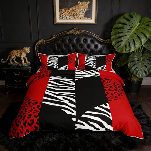Leopard Zebra Duvet Cover Queen,Wild Animals Skin Bedding Set 3pcs for Teens Adults Room Decor,Red Black Geometric Striped Heart Comforter Cover Romantic Microfiber Quilt Cover with 2 Pillowcases