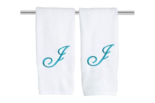 Decorvo White Monogrammed Hand Towels for Bathroom - Luxury Hotel Quality Personalized Initial Embroidered Towel for Powder Room, Spa - GOTS Organic Certified - Set of 2 Teal Letter J